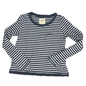 Hollister Vintage Y2K Women's Striped LS Top Size L Navy White Lace Trim Pocket